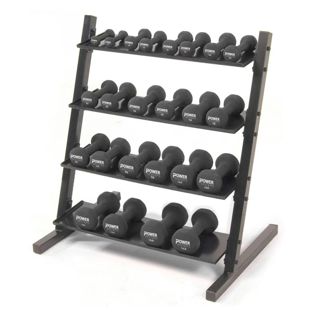 Power Systems - Black Neoprene/Vinyl Dumbbell Set with 4 Tier Rack - Dumbbell Set - Revive and Lift