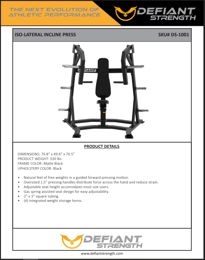 Defiant Strength - Defiant Strength DS1001 Iso - Lateral Incline Chest Press - Plate Loaded