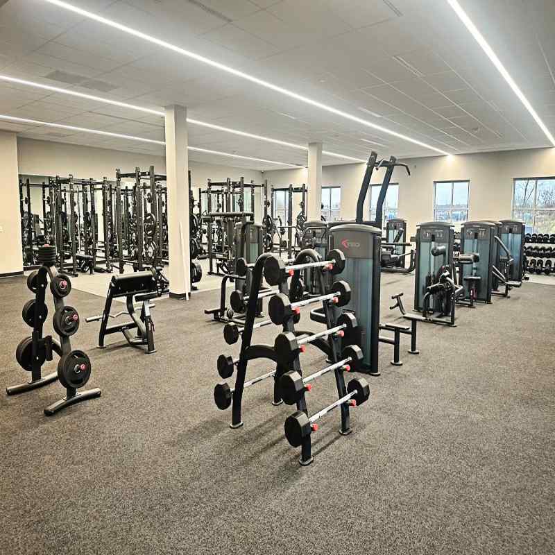 Gym interior with weight rack and exercise machines