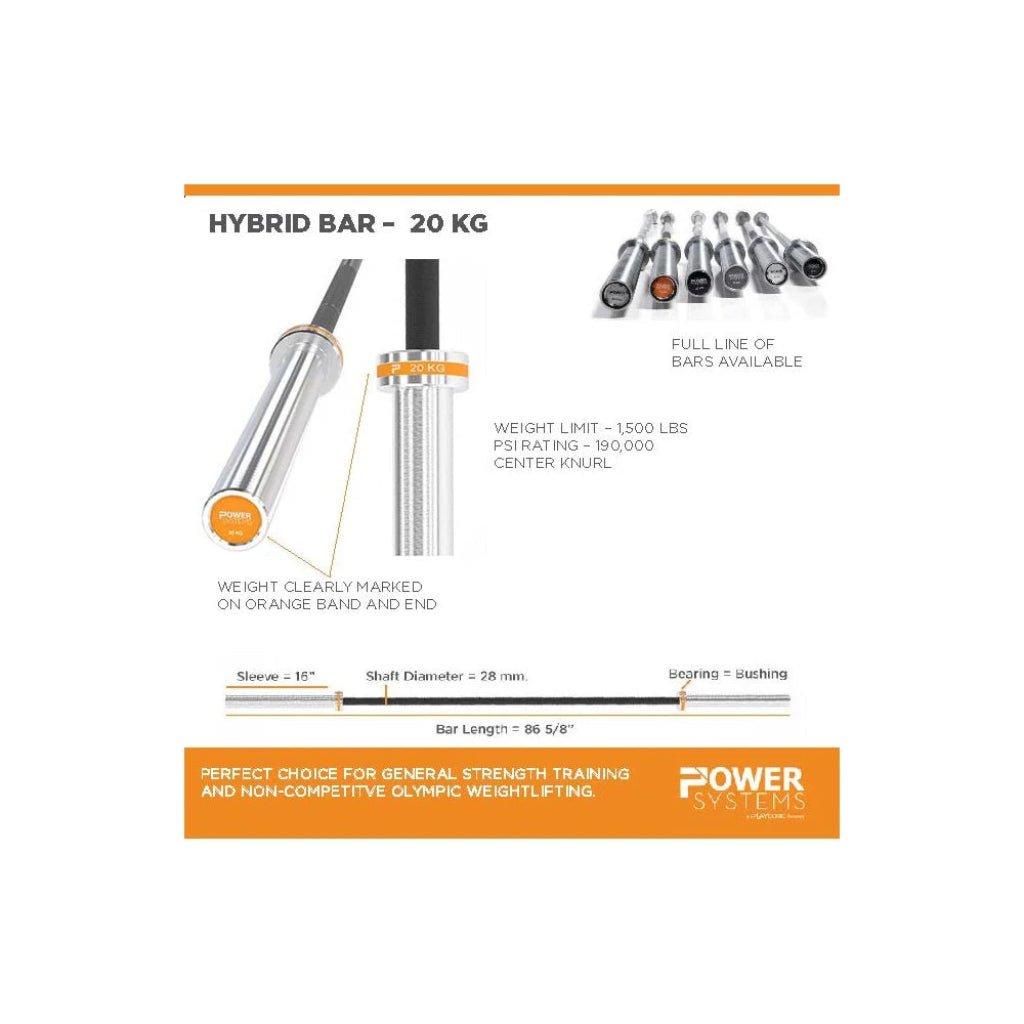 Power Systems - Men's Hybrid Barbell - Orange Band - Weight Bars - Revive and Lift