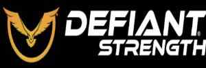 Defiant Strength logo with a gold emblem on a black background