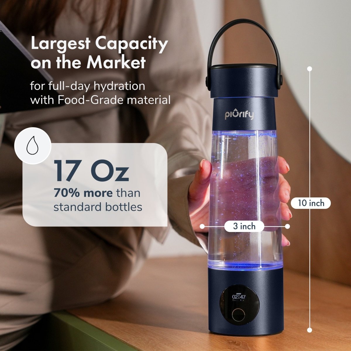Hydrogenator® Bottle with Handle - Dark Blue - Hydrogen Water Bottle - Piurify