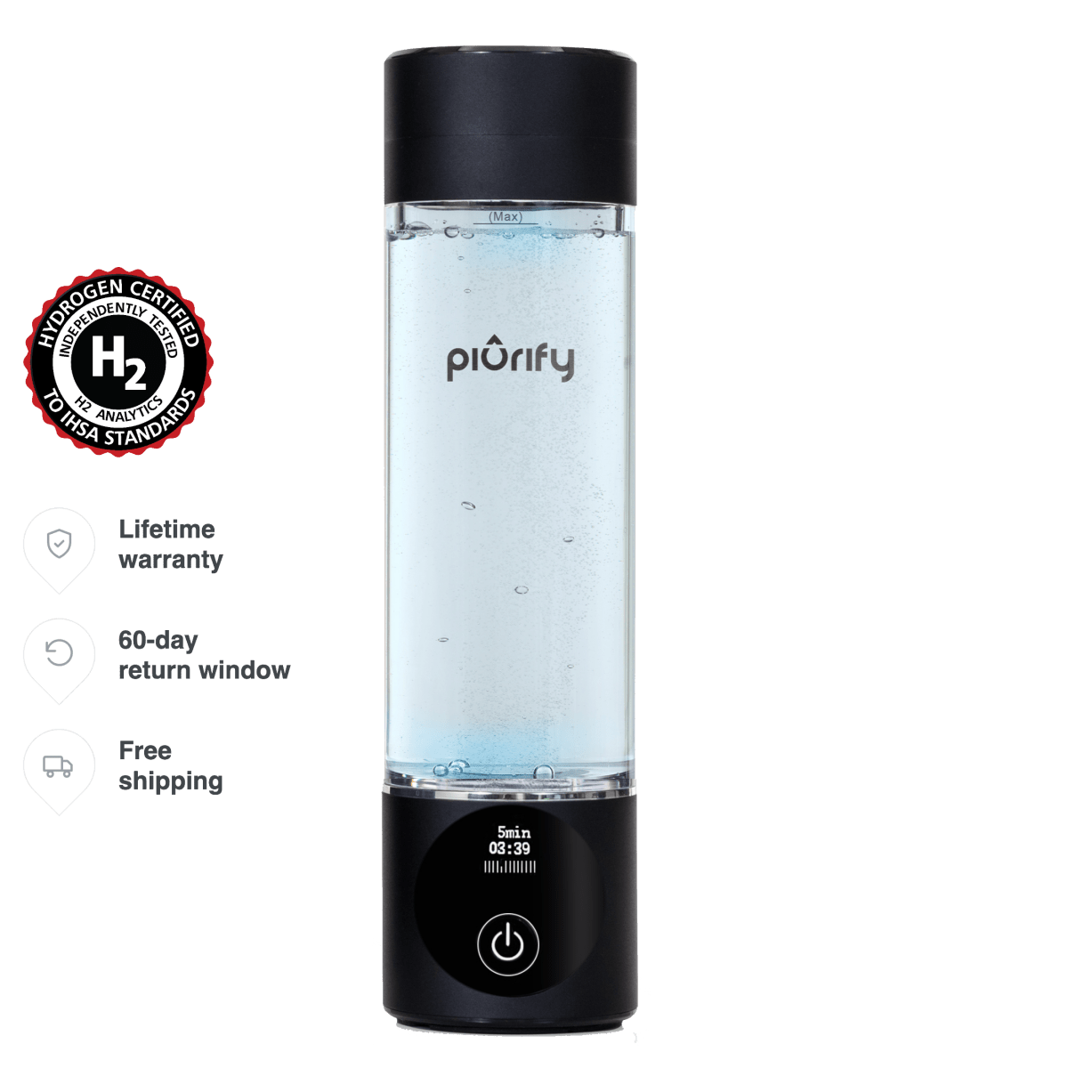 PIURIFY Hydrogenator® Hydrogen Water Bottle - Black - Hydrogen Water Bottle - Piurify