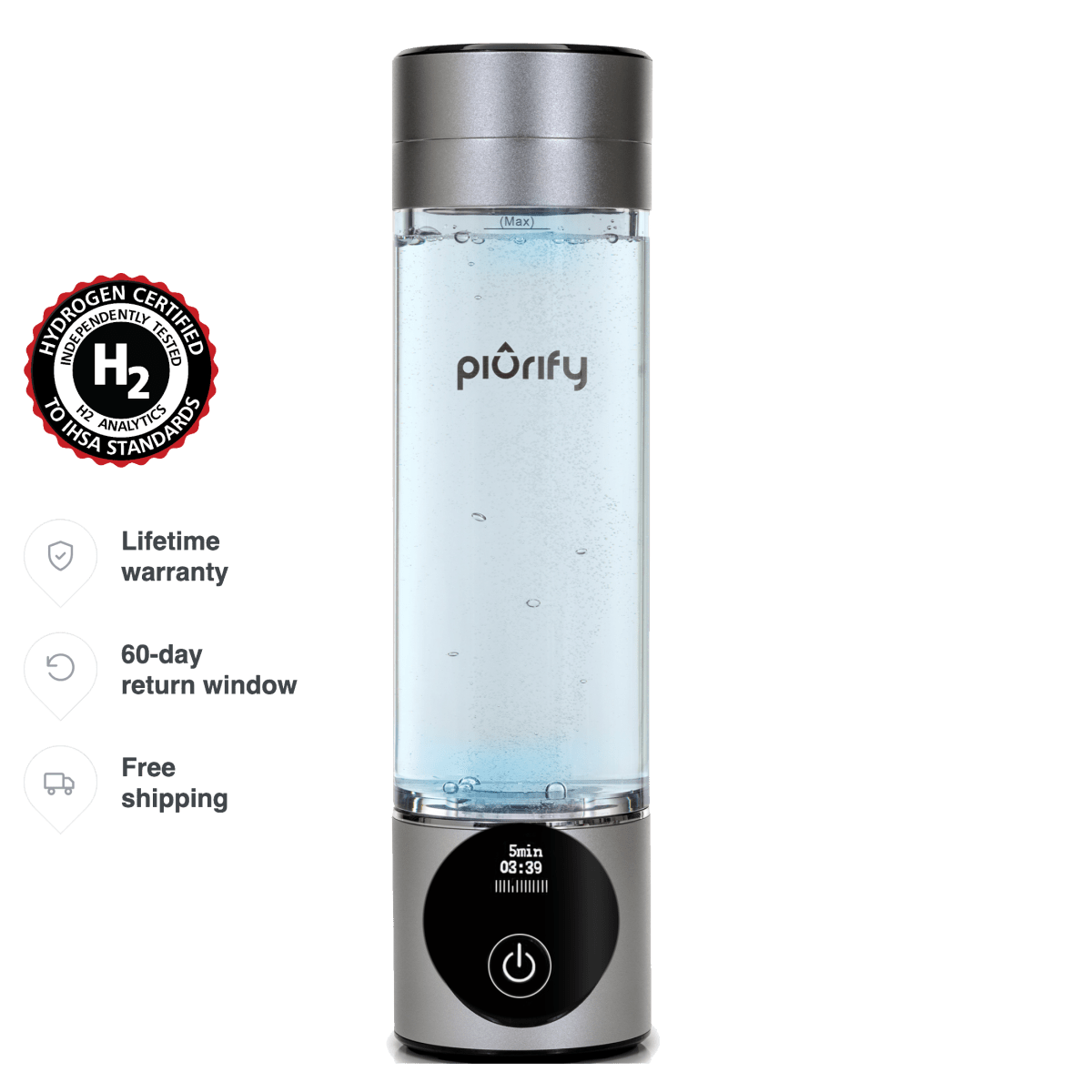 PIURIFY Hydrogenator® Hydrogen Water Bottle - Silver - Hydrogen Water Bottle - Piurify
