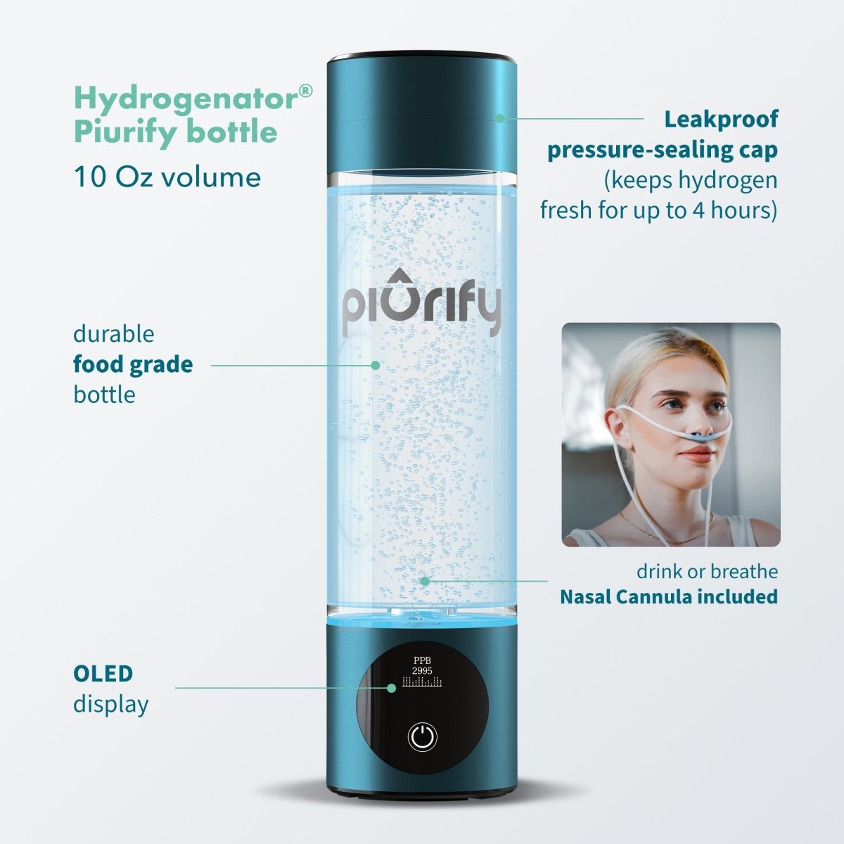 PIURIFY Hydrogenator® Hydrogen Water Bottle - Turquoise - Hydrogen Water Bottle - Piurify