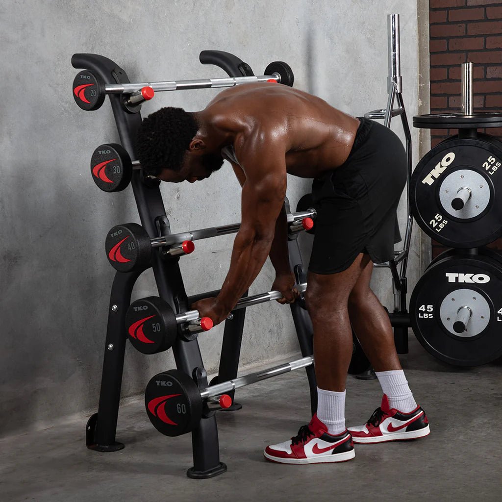 TKO Strength & Performance - TKO S845 Half Barbell Rack with 20–60 lb Fixed Straight or Curl Barbells - Fixed Barbell Set