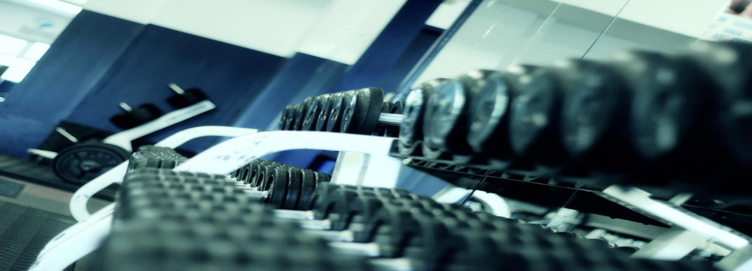 Dumbbells on a rack in a gym setting