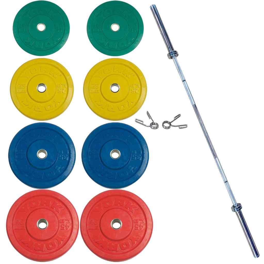 York Colored Rubber Bumper Plate Set with Bar - Weight Plate Set - York Barbell