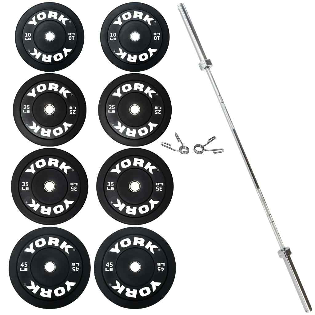 York Rubber Bumper Plate Set with Olympic Bar - Weight Plate Set - York Barbell